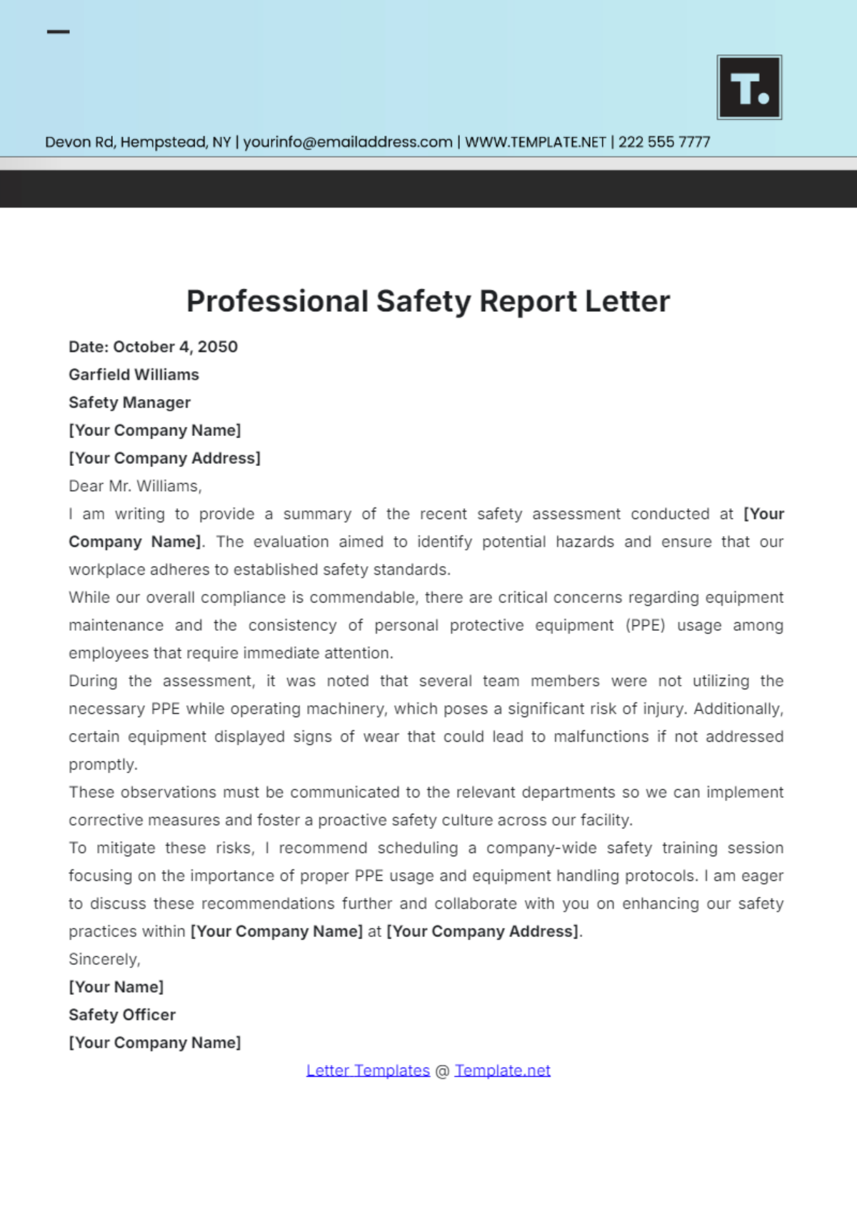 Professional Safety Report Letter Template - Edit Online & Download