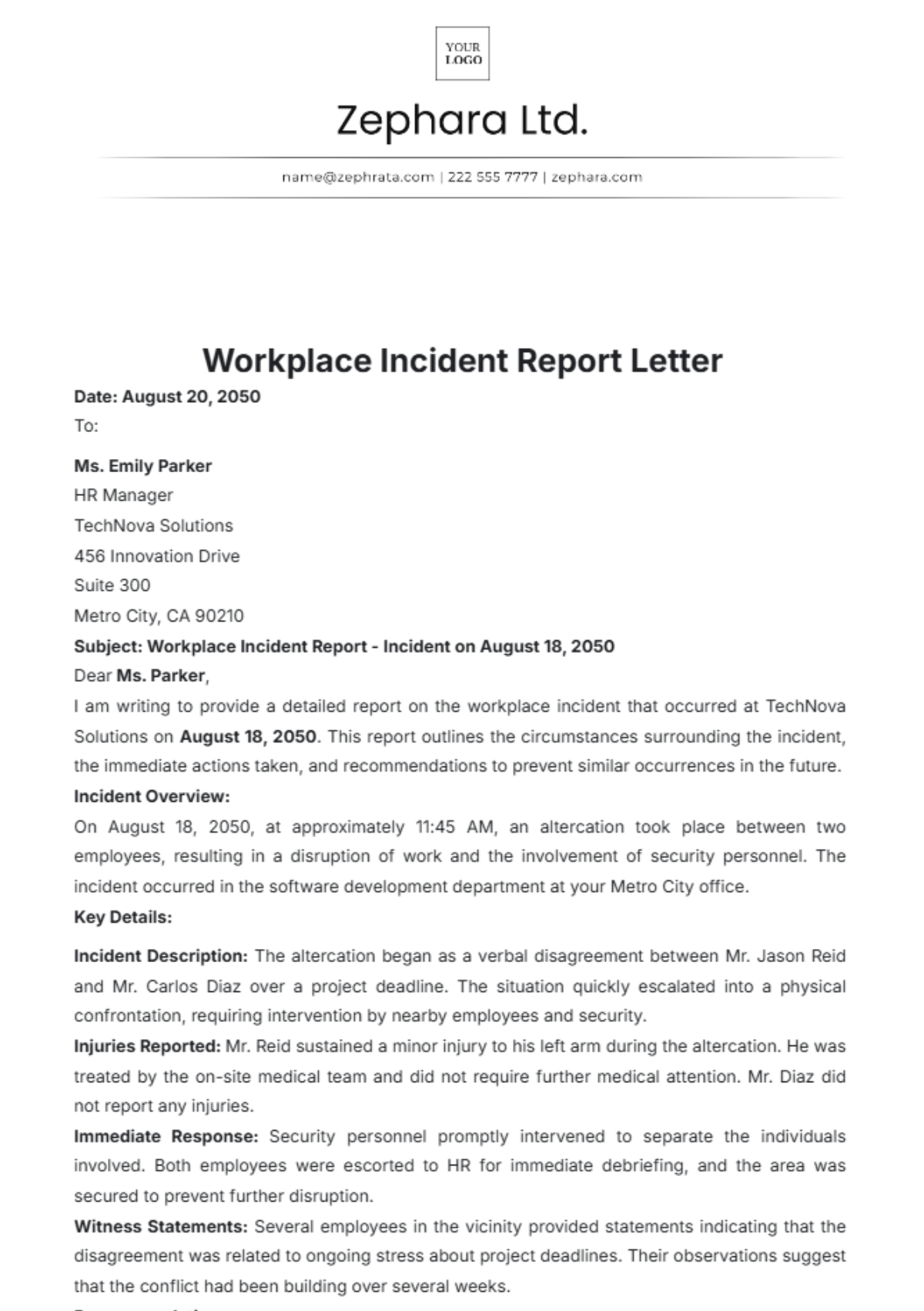 Workplace Incident Report Letter Template - Edit Online & Download