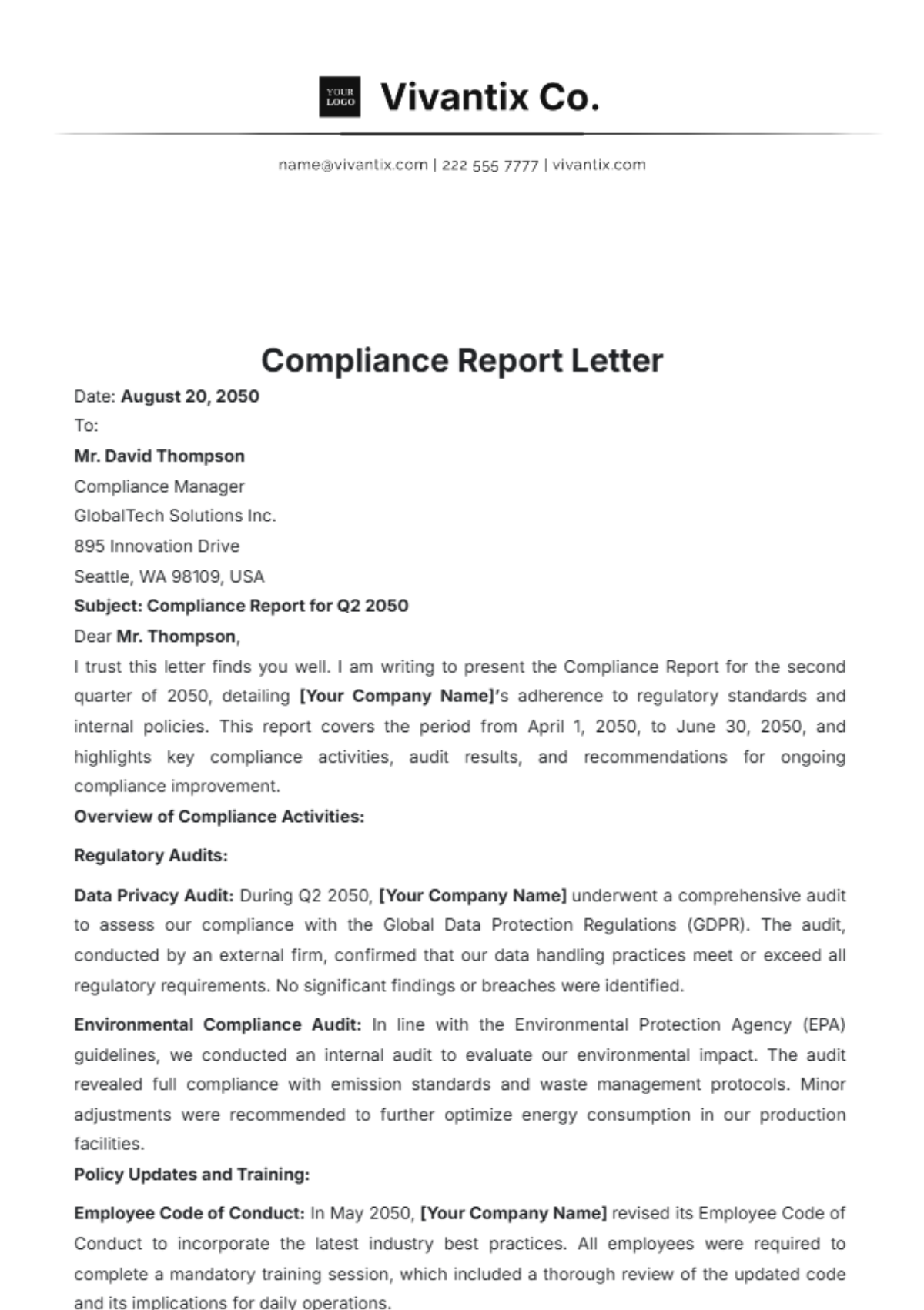 Compliance Report Letter Template - Edit Online & Download