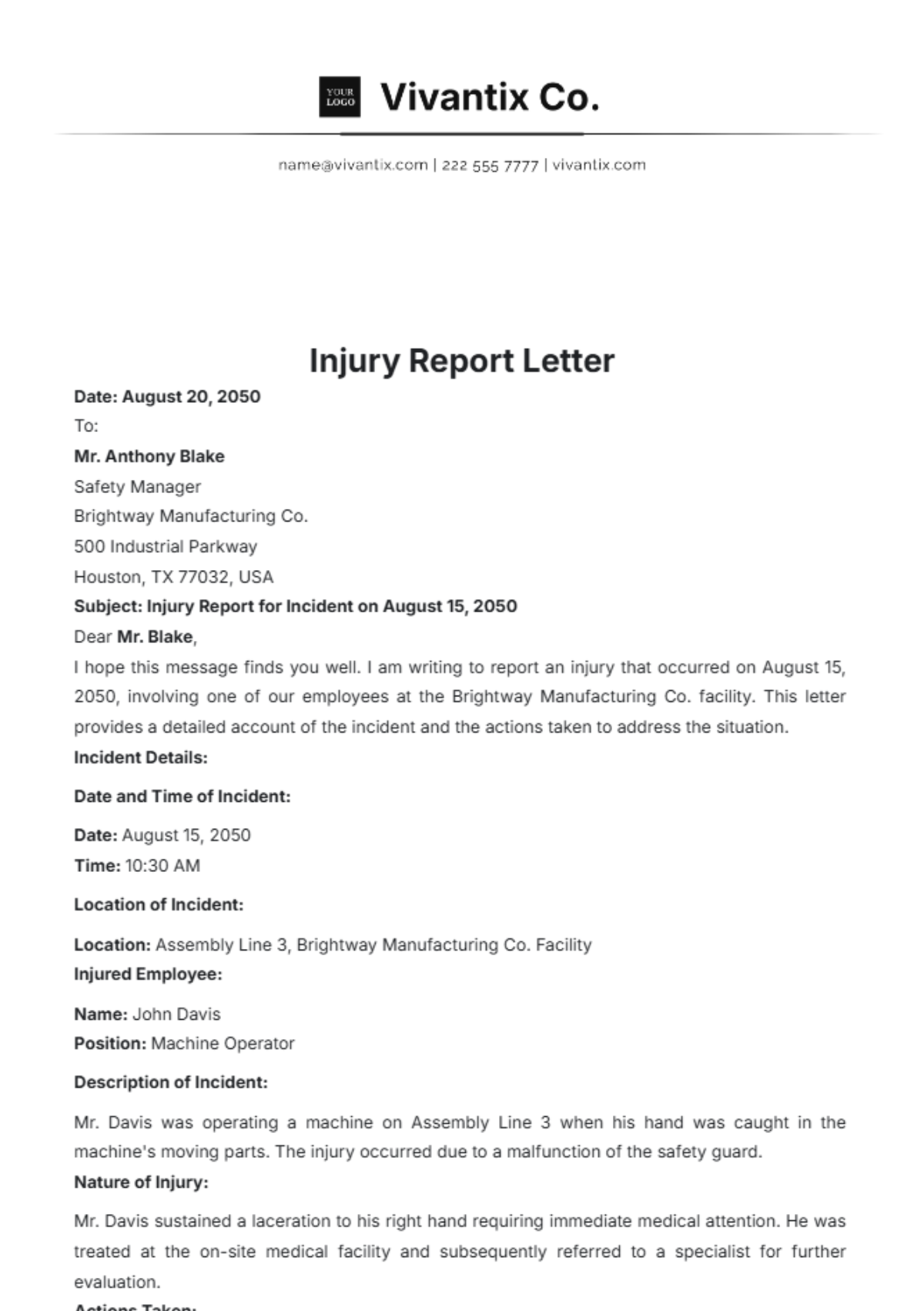 Injury Report Letter Template - Edit Online & Download