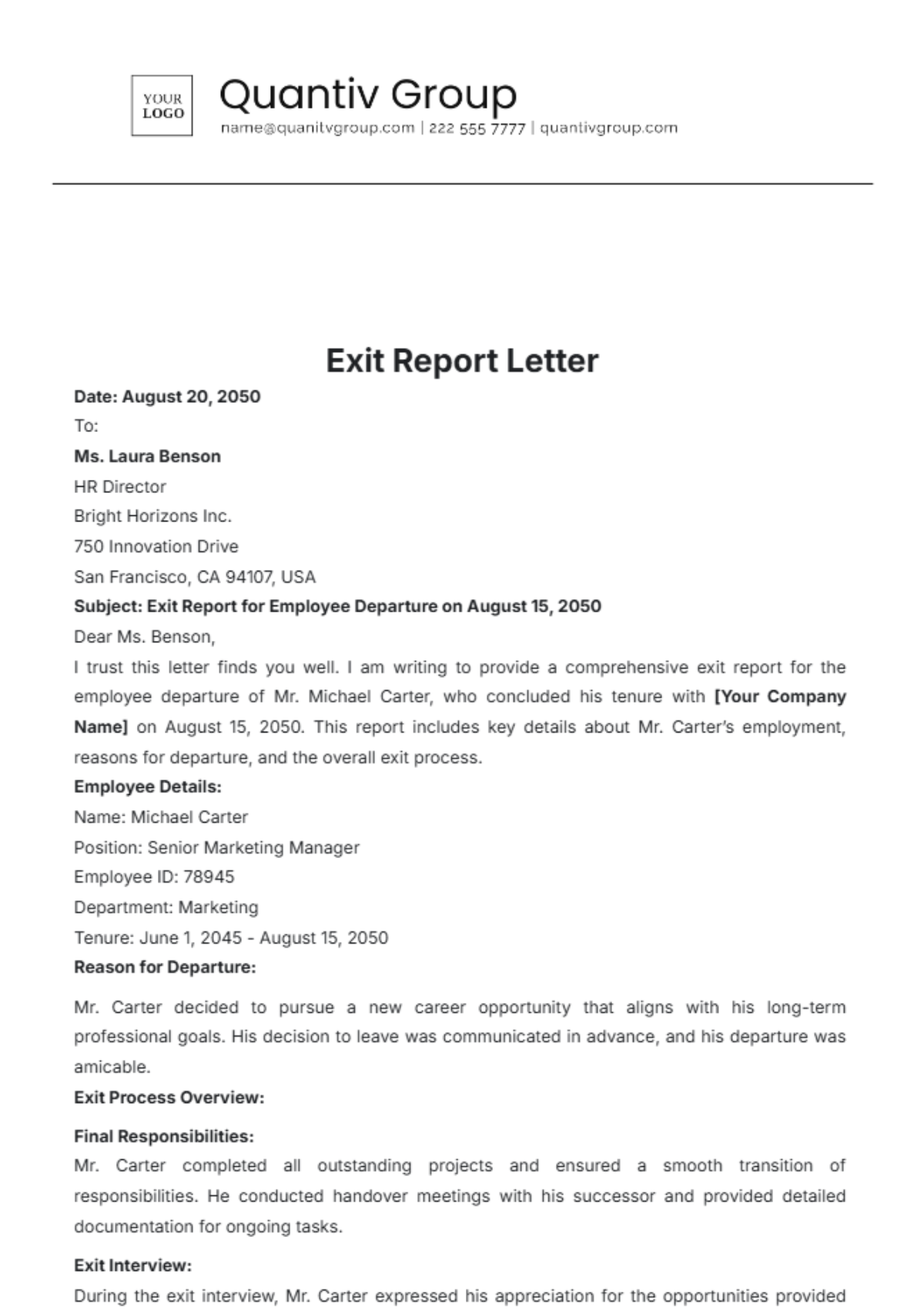 Exit Report Letter Template - Edit Online & Download