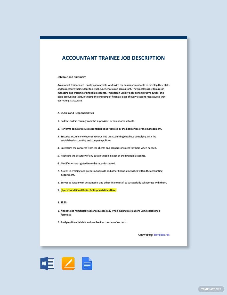 FREE Trainee Template Download In Word Google Docs PDF Photoshop   Accountant Trainee Job Description 1 