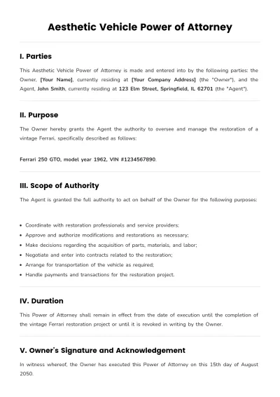 Free Aesthetic Vehicle Power of Attorney Template to Edit Online