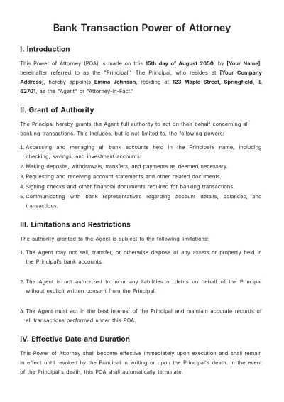 Free Bank Transaction Power of Attorney Template to Edit Online