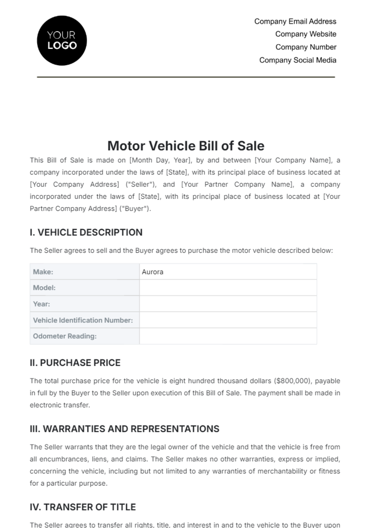 Motor Vehicle Bill of Sale Template - Edit Online & Download