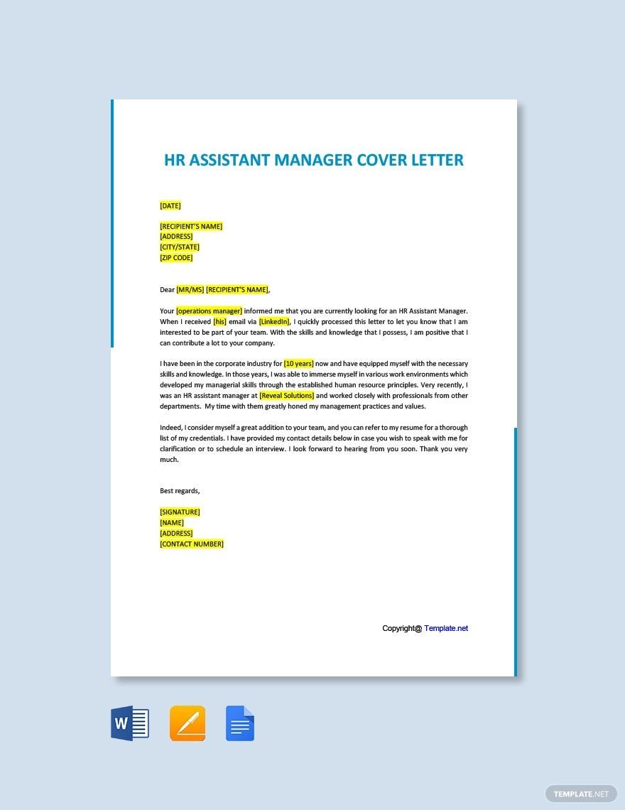 HR Assistant Manager Cover letter
