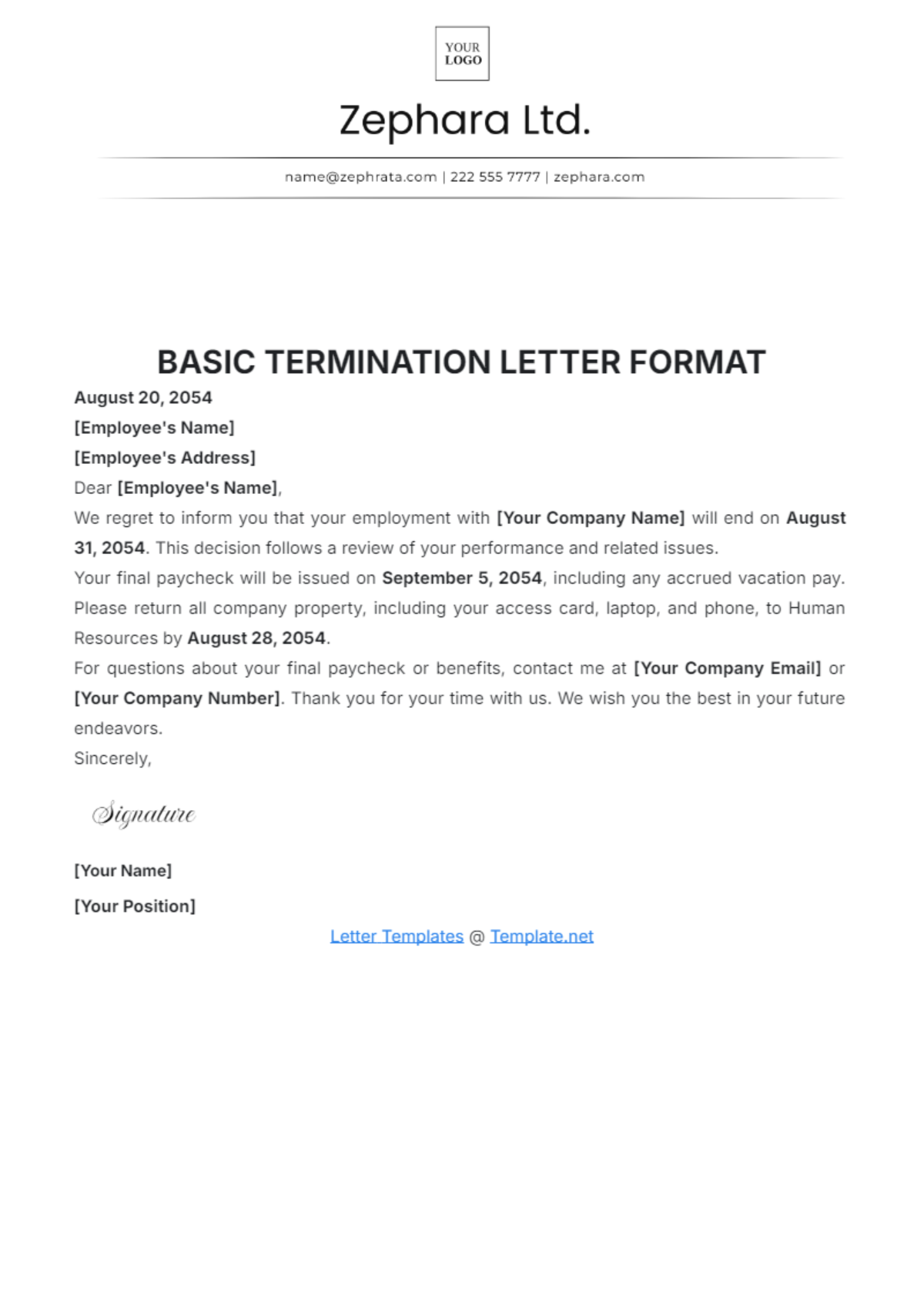 Basic Termination Letter Format Template - Edit Online & Download