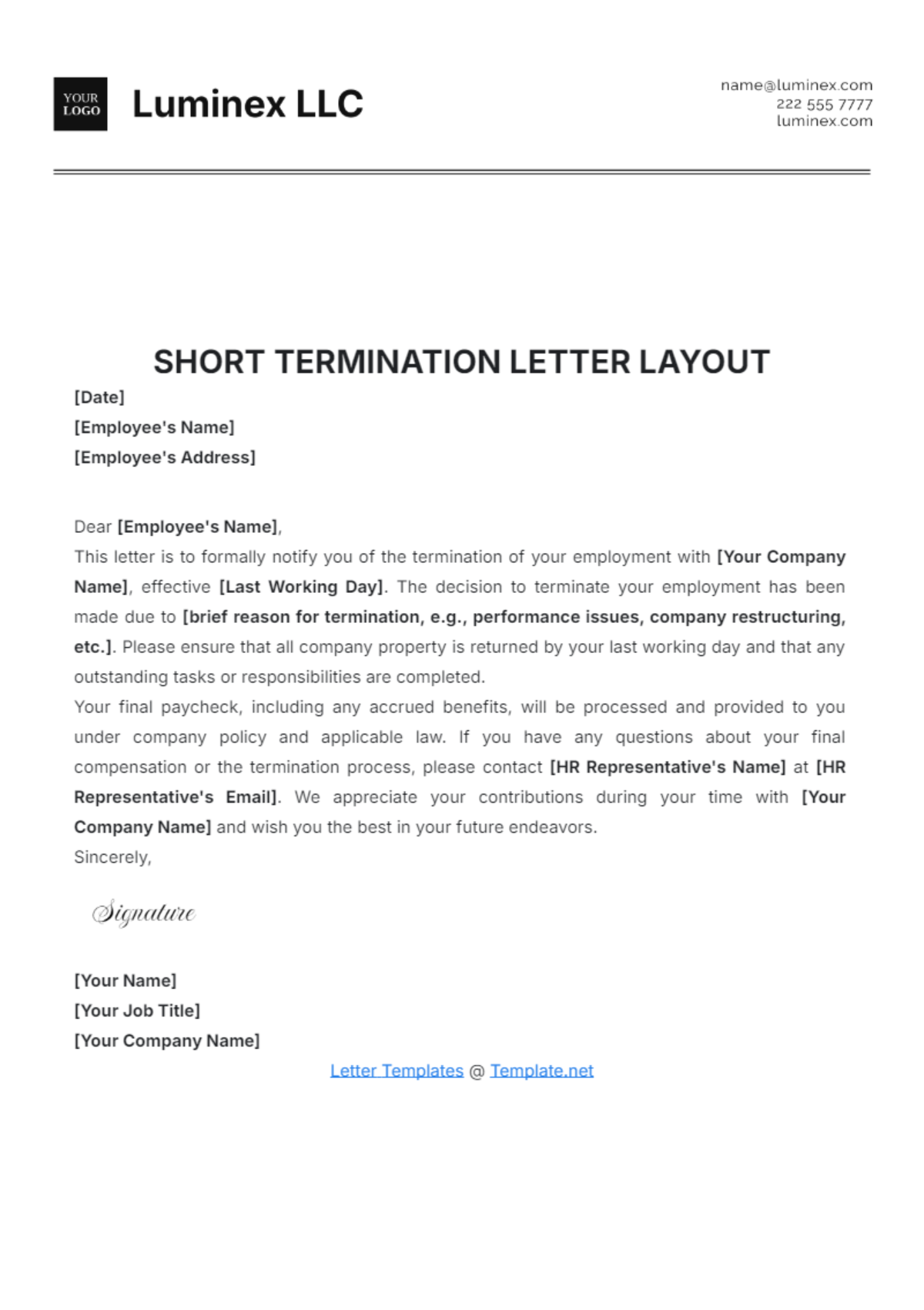 Short Termination Letter Layout Template - Edit Online & Download