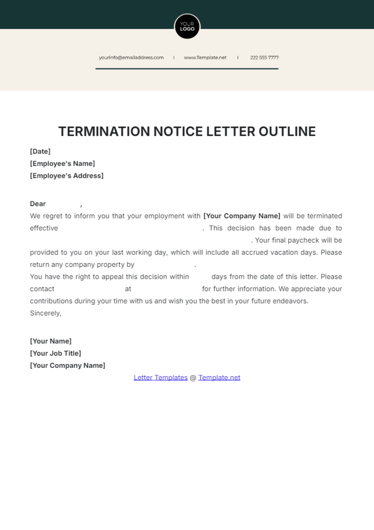 Termination Notice Letter Outline Template - Edit Online & Download