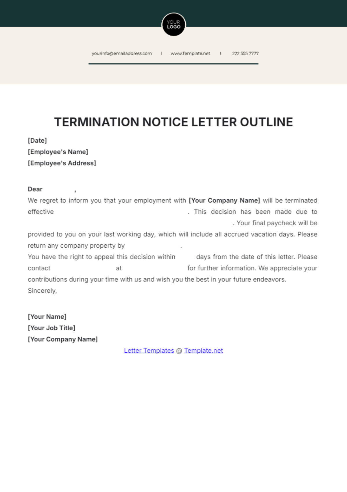 Free Termination Notice Letter Outline Template To Edit Online