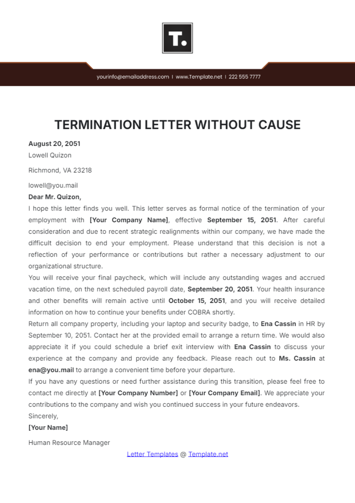 Termination Letter without Cause Template - Edit Online & Download