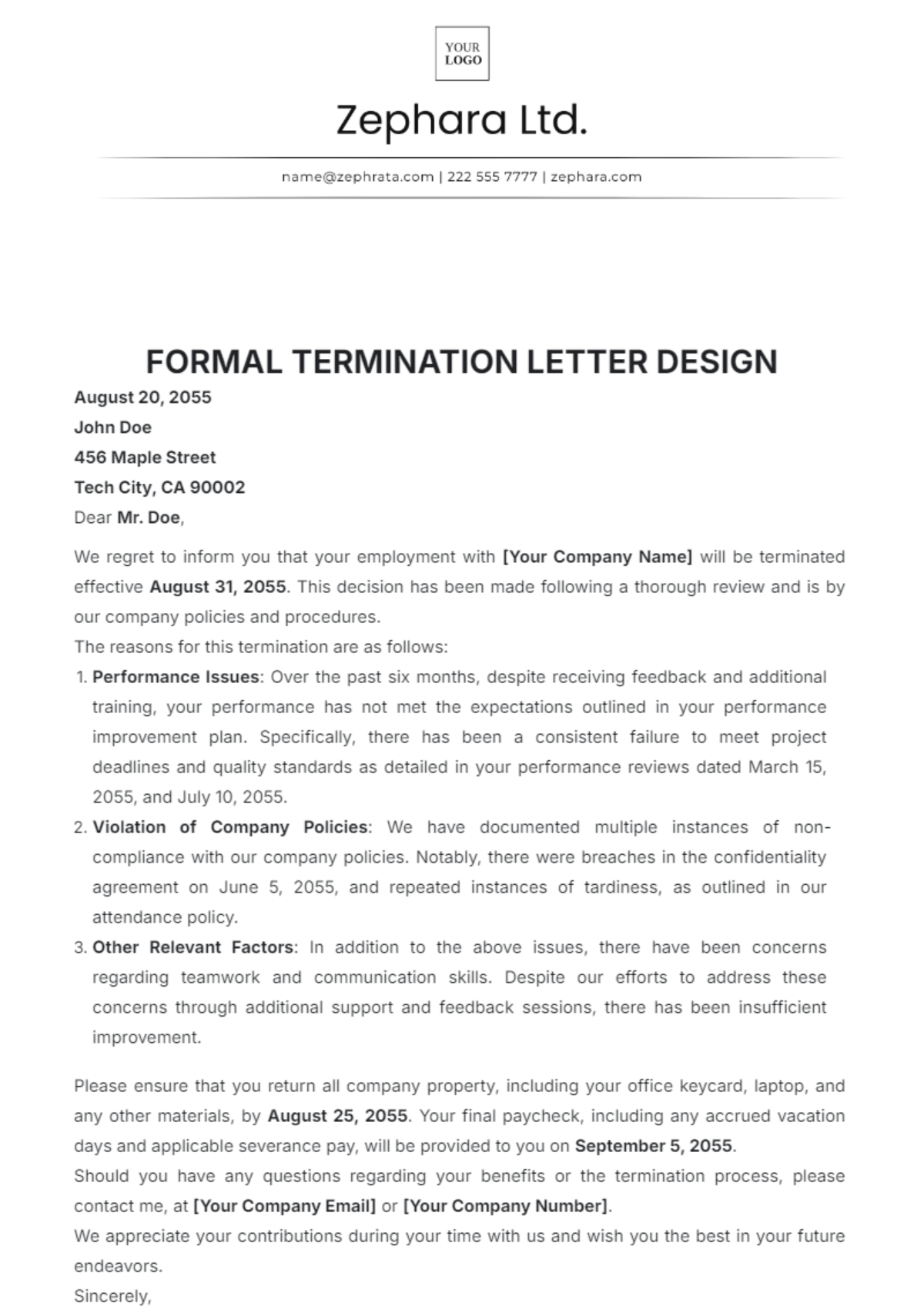 Formal Termination Letter Design Template - Edit Online & Download