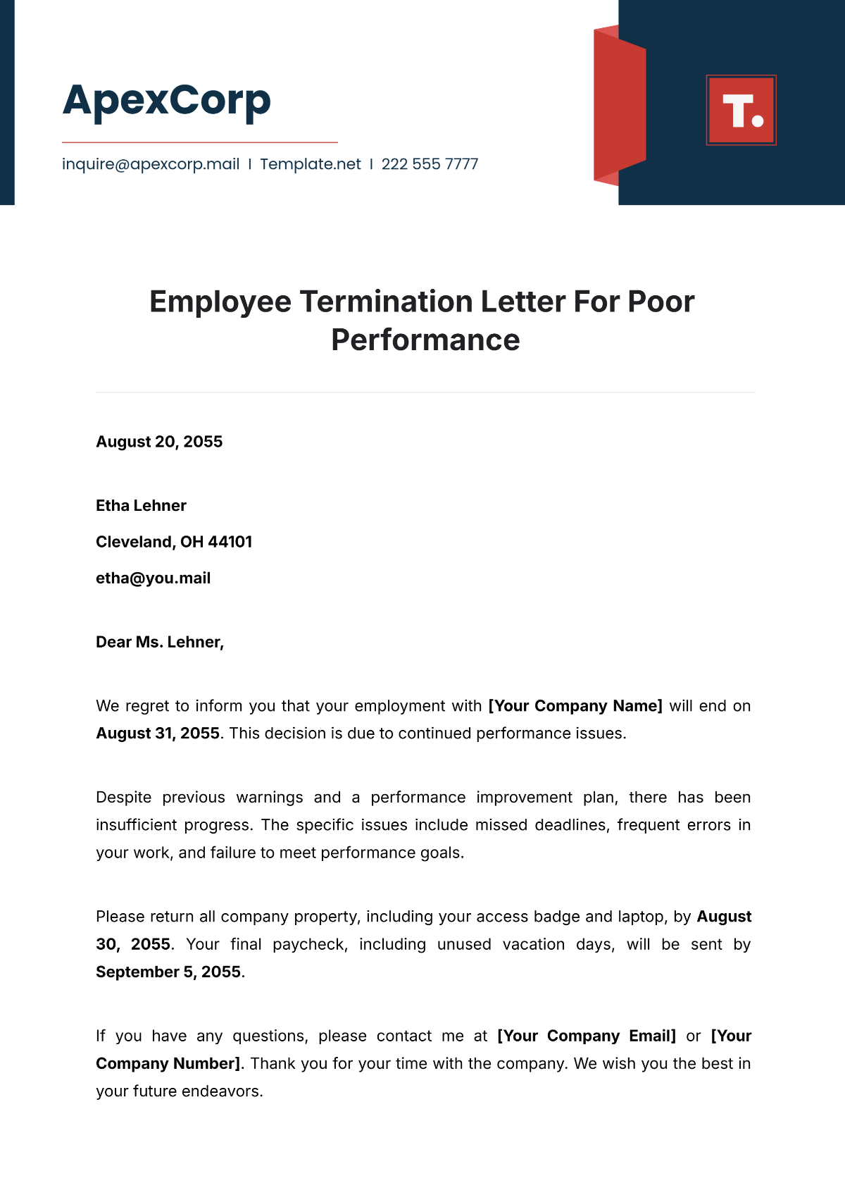 Employee Termination Letter For Poor Performance Template