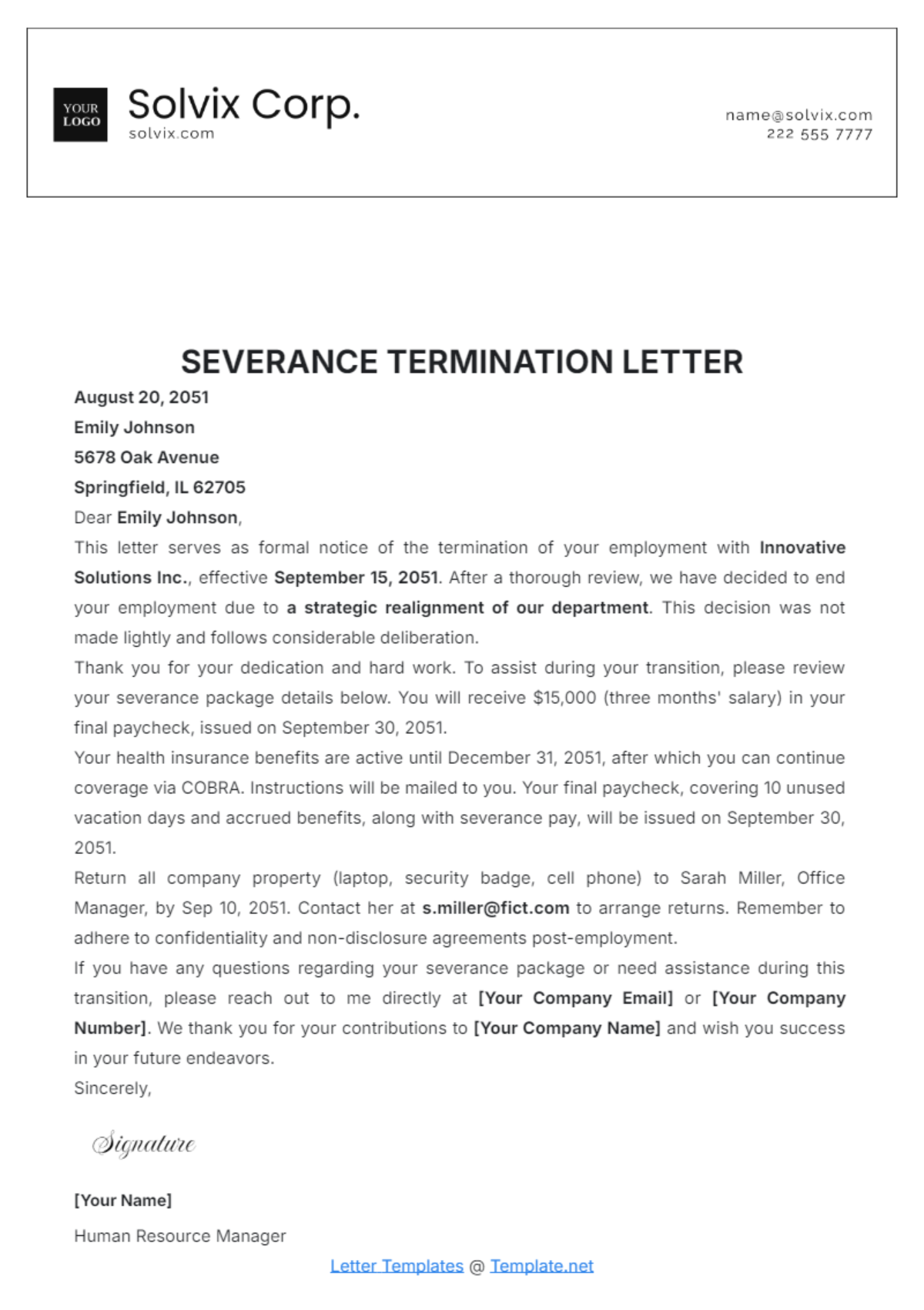 Severance Termination Letter Template - Edit Online & Download