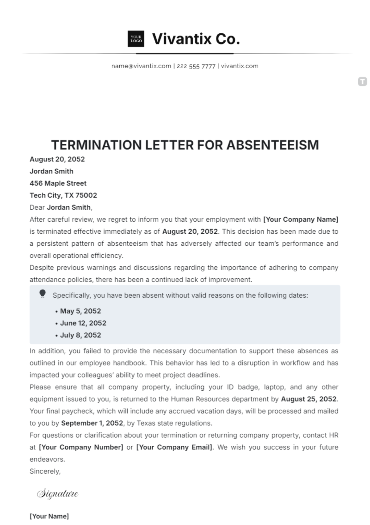 Termination Letter for Absenteeism Template - Edit Online & Download