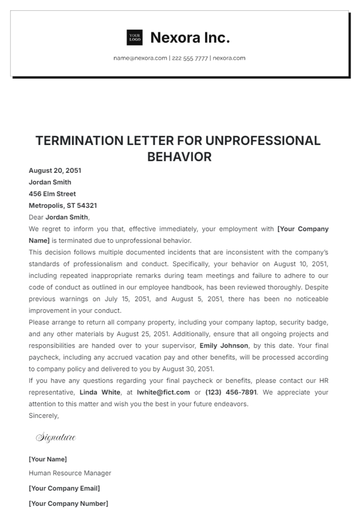 Termination Letter for Unprofessional Behavior Template - Edit Online & Download