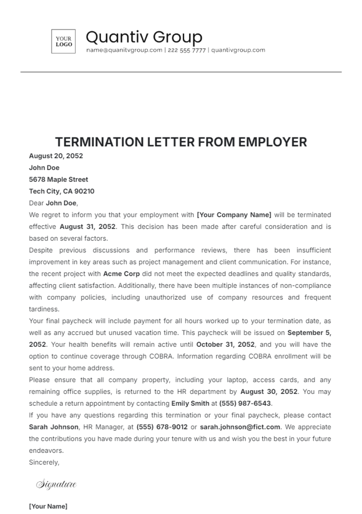 Termination Letter from Employer Template - Edit Online & Download