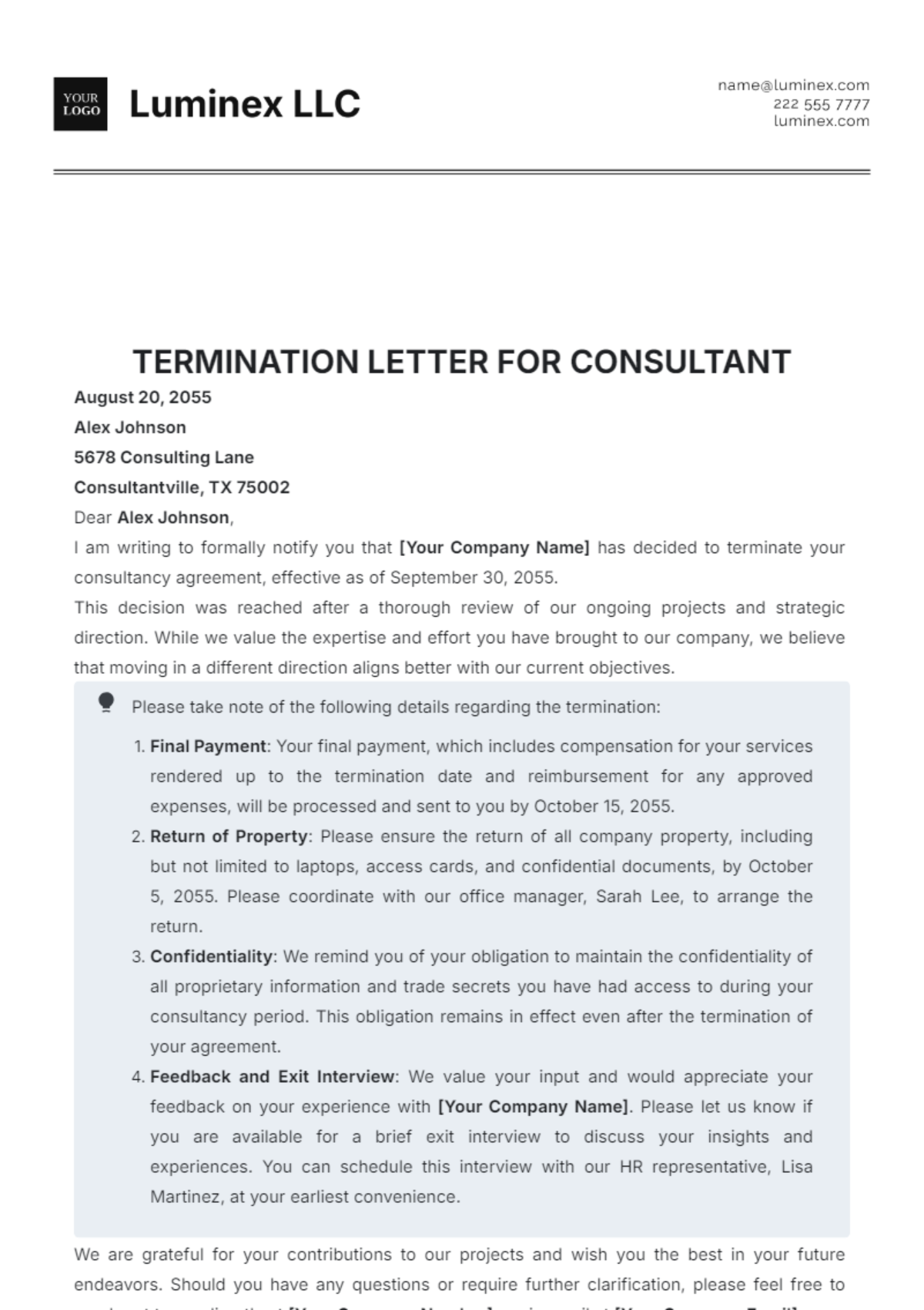 Termination Letter for Consultant Template - Edit Online & Download