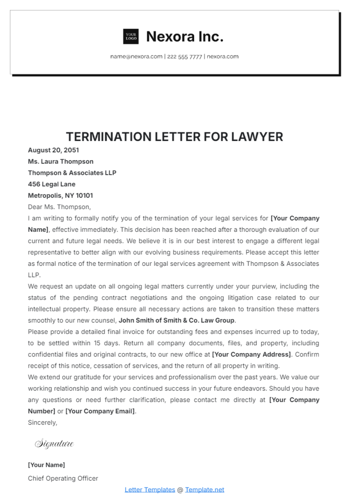 Termination Letter for Lawyer Template - Edit Online & Download