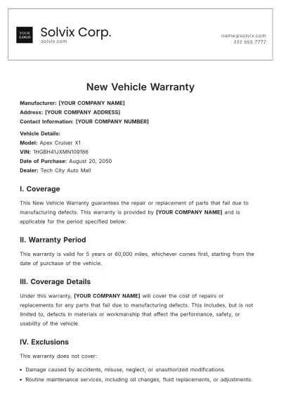 Free New Vehicle Warranty Template to Edit Online