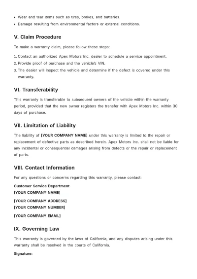 Free New Vehicle Warranty Template to Edit Online