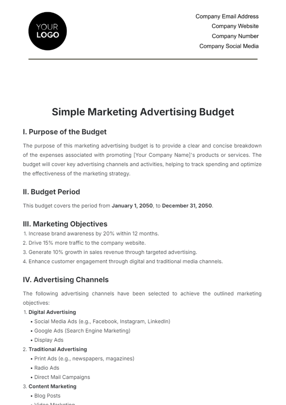 Simple Marketing Advertising Budget Template - Edit Online & Download