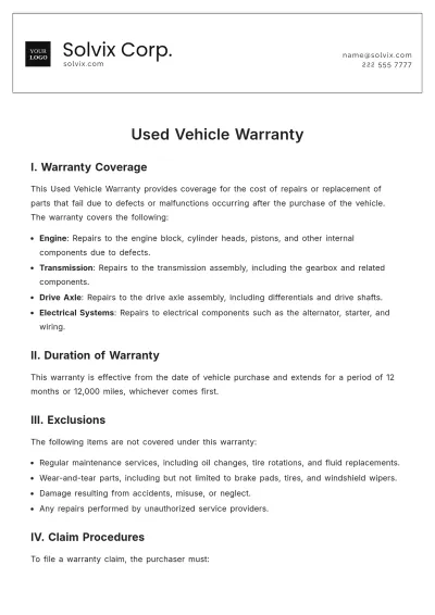 Free Used Vehicle Warranty Template to Edit Online