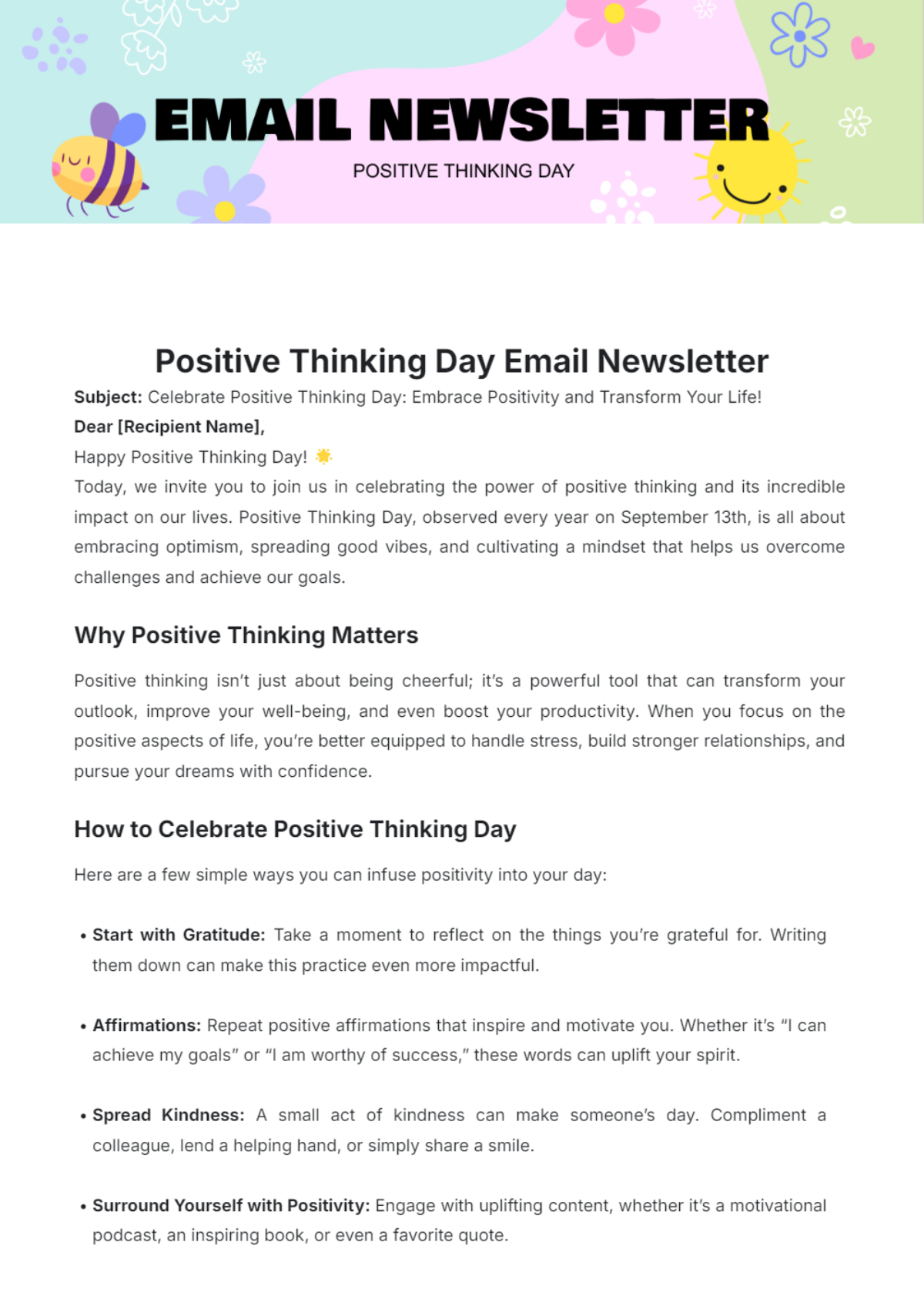 Positive Thinking Day Email Newsletter Template - Edit Online & Download