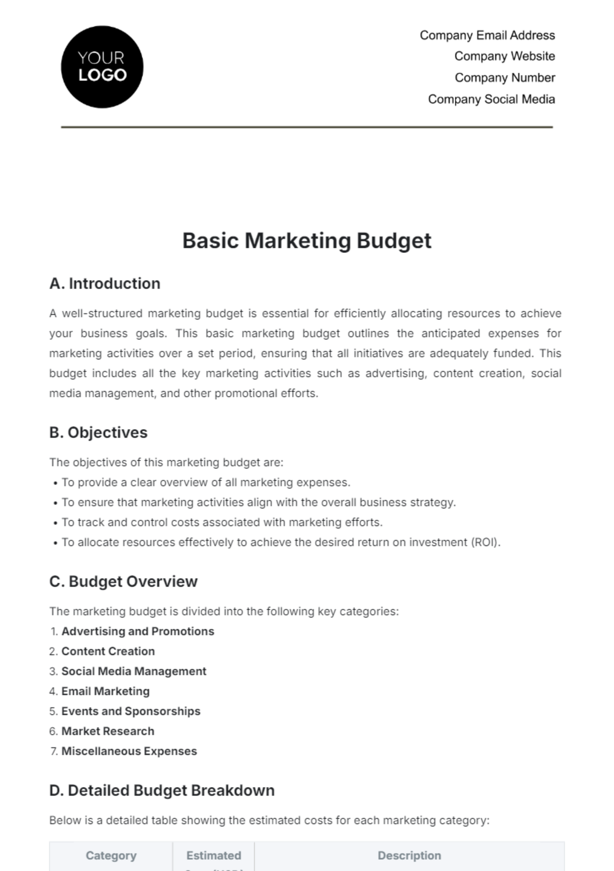 Basic Marketing Budget Template - Edit Online & Download