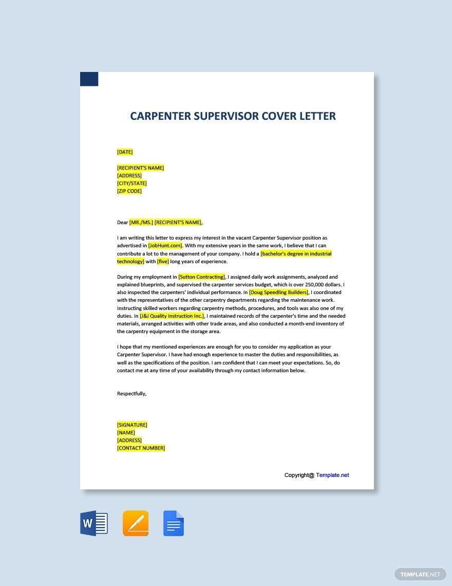 Carpenter Supervisor Cover Letter