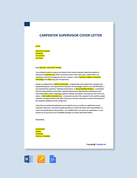 Carpenter Supervisor Cover Letter 