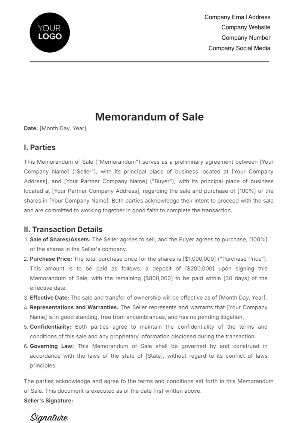 Memorandum of Sale Template - Edit Online & Download