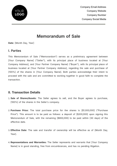 Free Memorandum of Sale Template to Edit Online