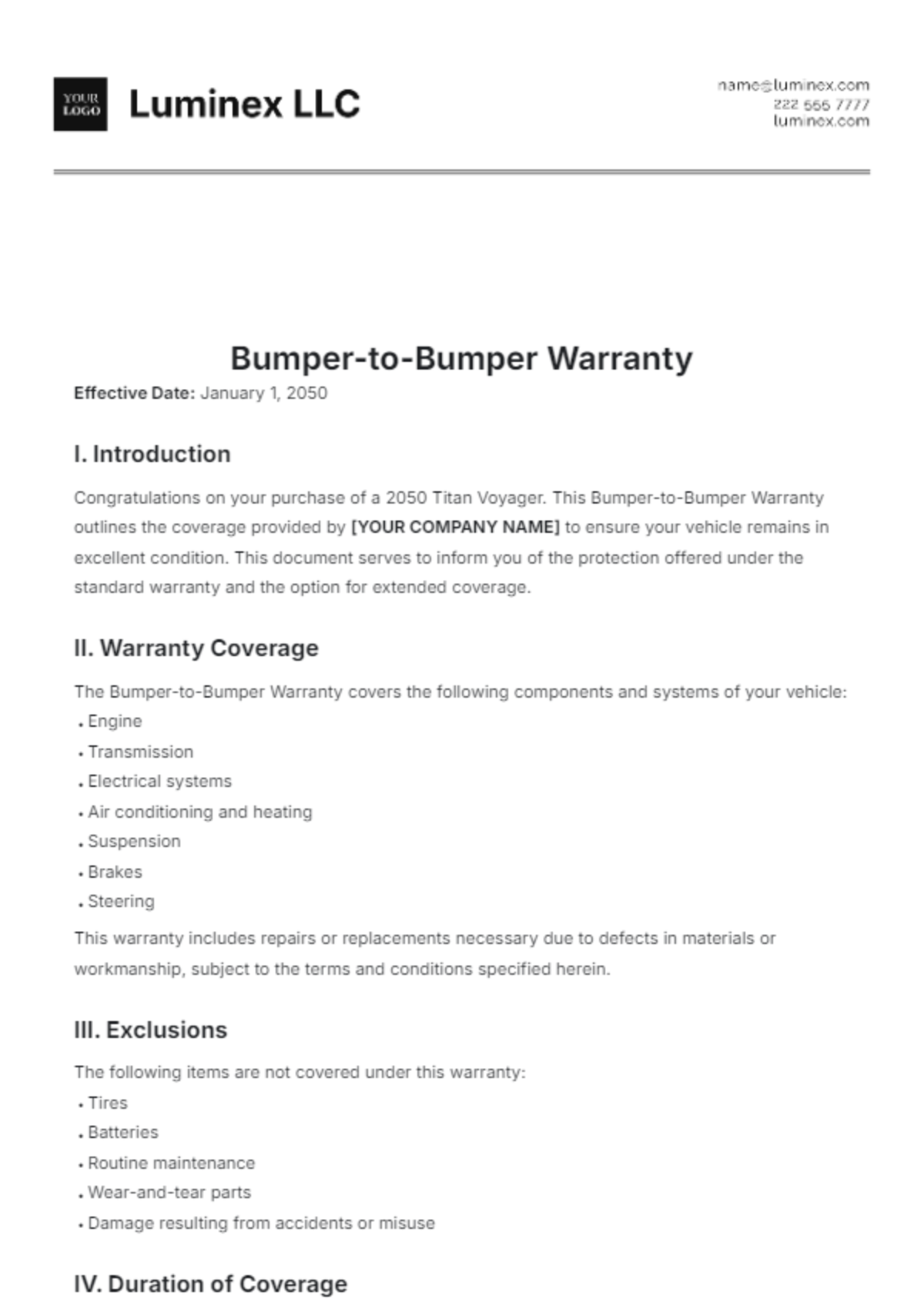 Bumper-to-Bumper Warranty Template - Edit Online & Download