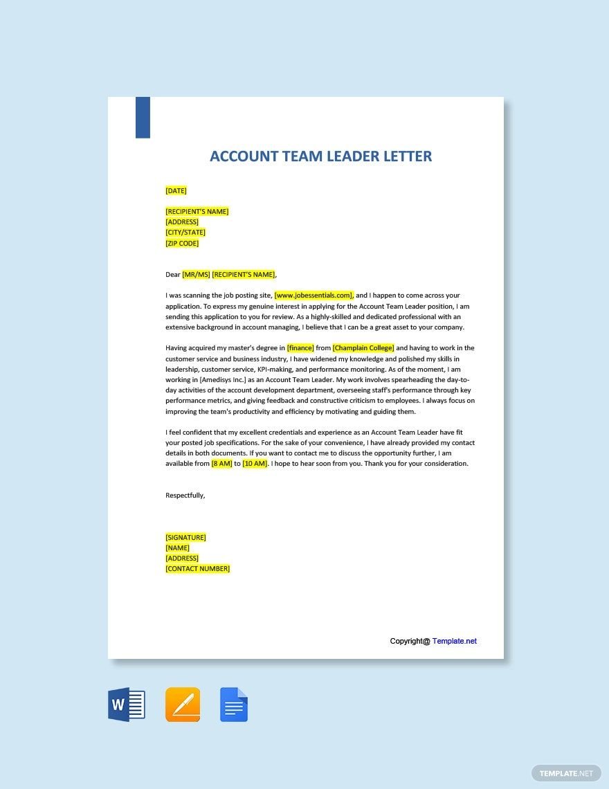 Account Team Leader Cover Letter