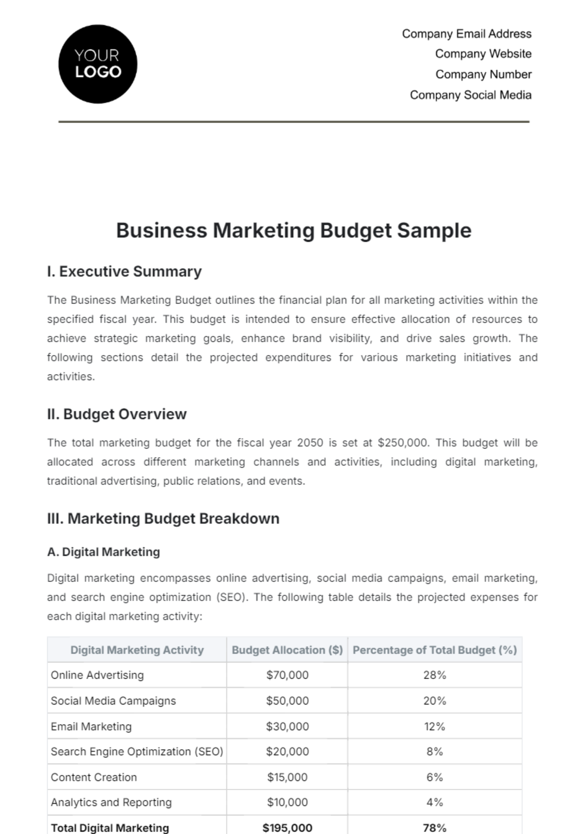 Business Marketing Budget Sample Template - Edit Online & Download