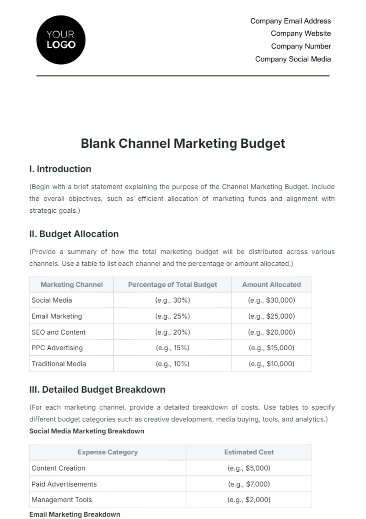 Blank Channel Marketing Budget Template - Edit Online & Download