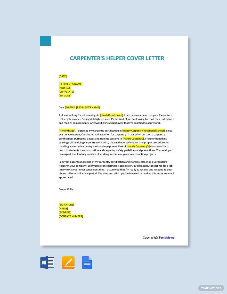 Carpenter's Helper Cover Letter