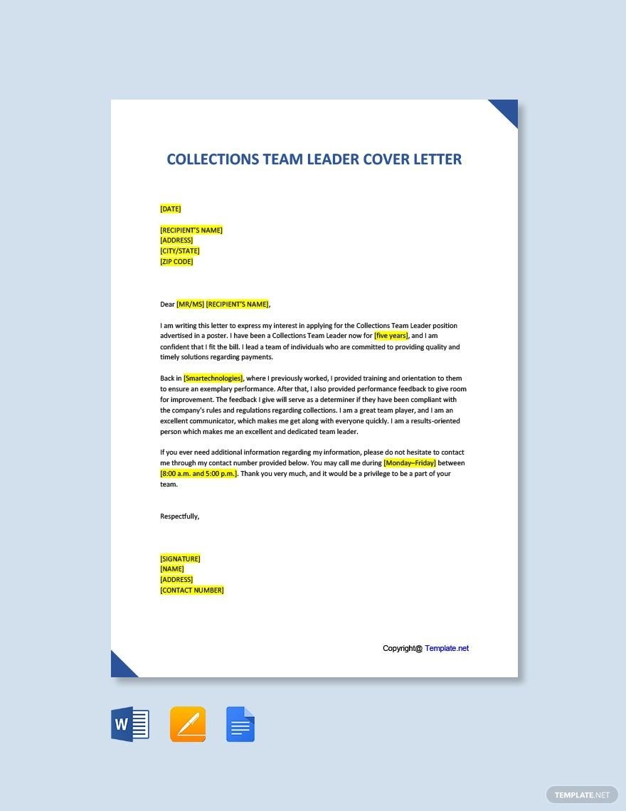 Free Collections Team Leader Cover Letter Template