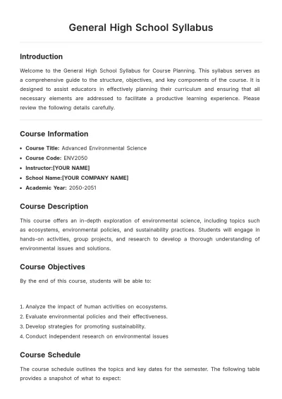 Free General High School Syllabus Template to Edit Online