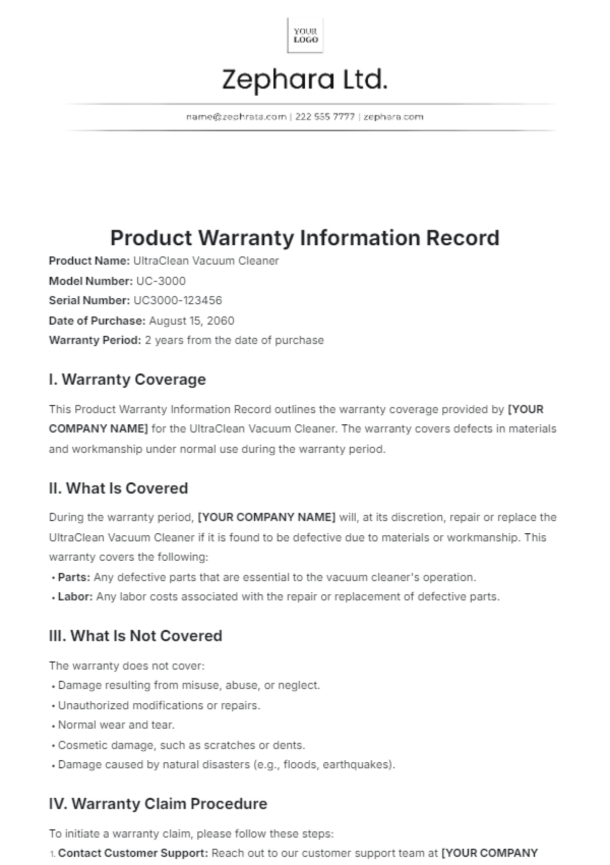 Product Warranty Information Record Template - Edit Online & Download