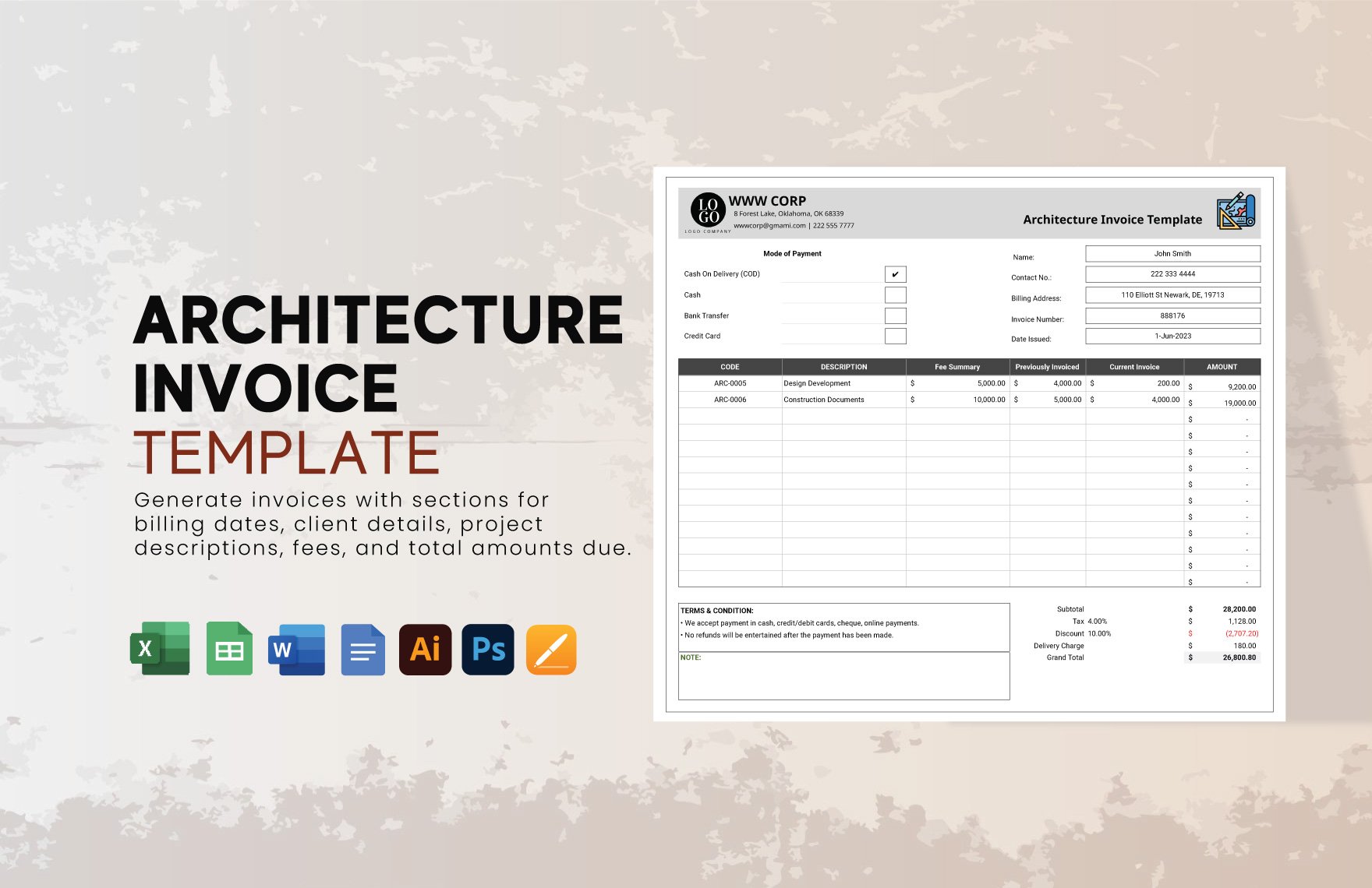 Architecture Invoice Template in Google Docs, Word, Illustrator, PSD, Apple Pages, Excel, Google Sheets - Download | Template.net