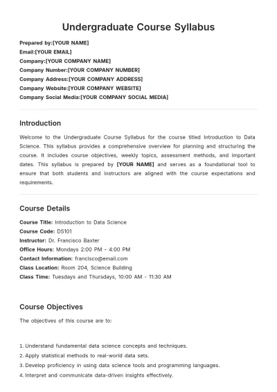 Free Undergraduate Course Syllabus Layout Template to Edit Online
