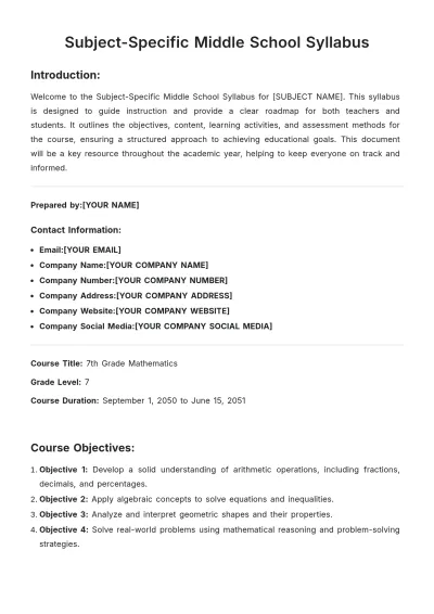 Free Subject-Specific Middle School Syllabus Template to Edit Online