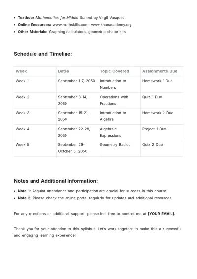 Free Subject-Specific Middle School Syllabus Template to Edit Online