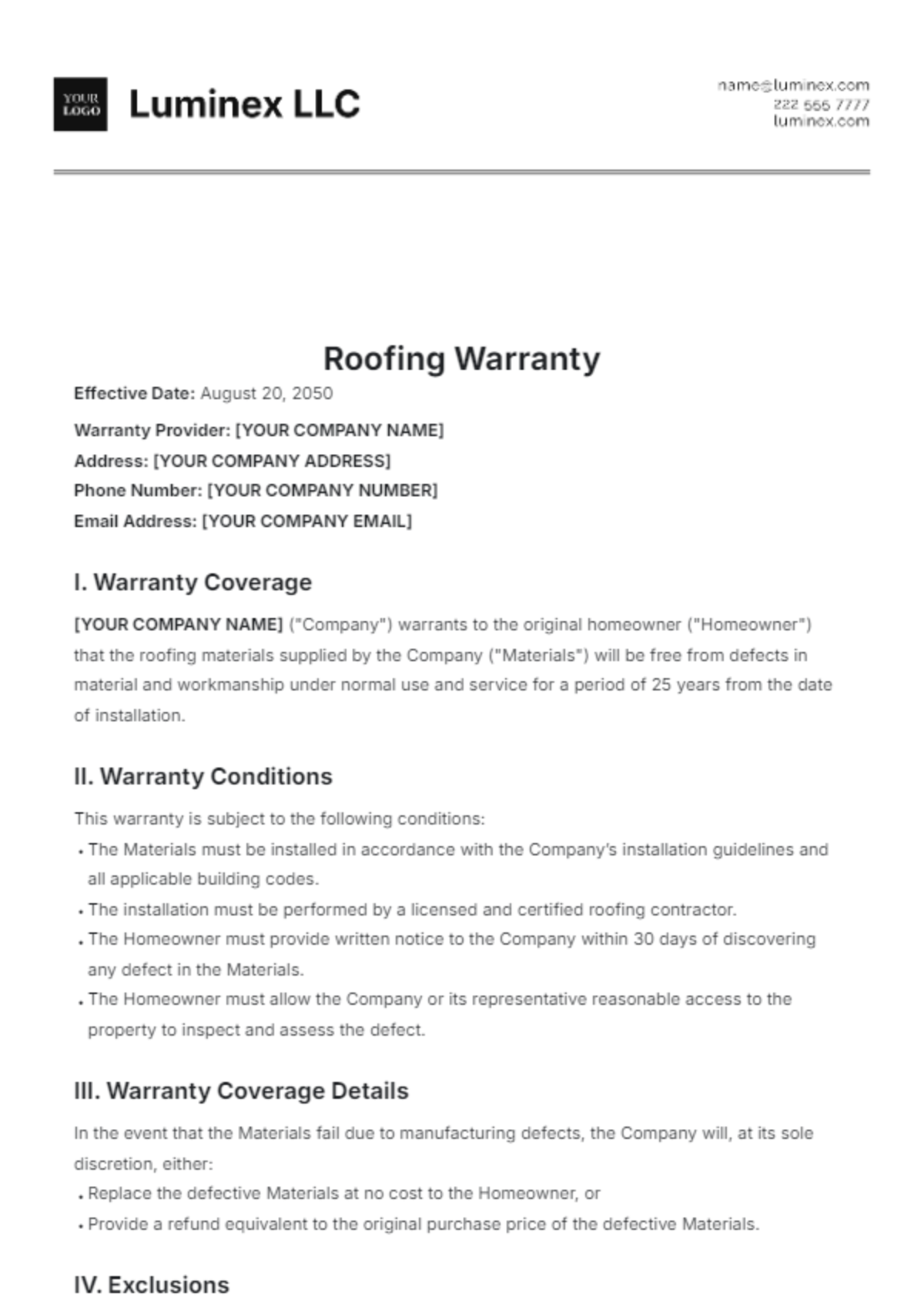 Roofing Warranty Template - Edit Online & Download