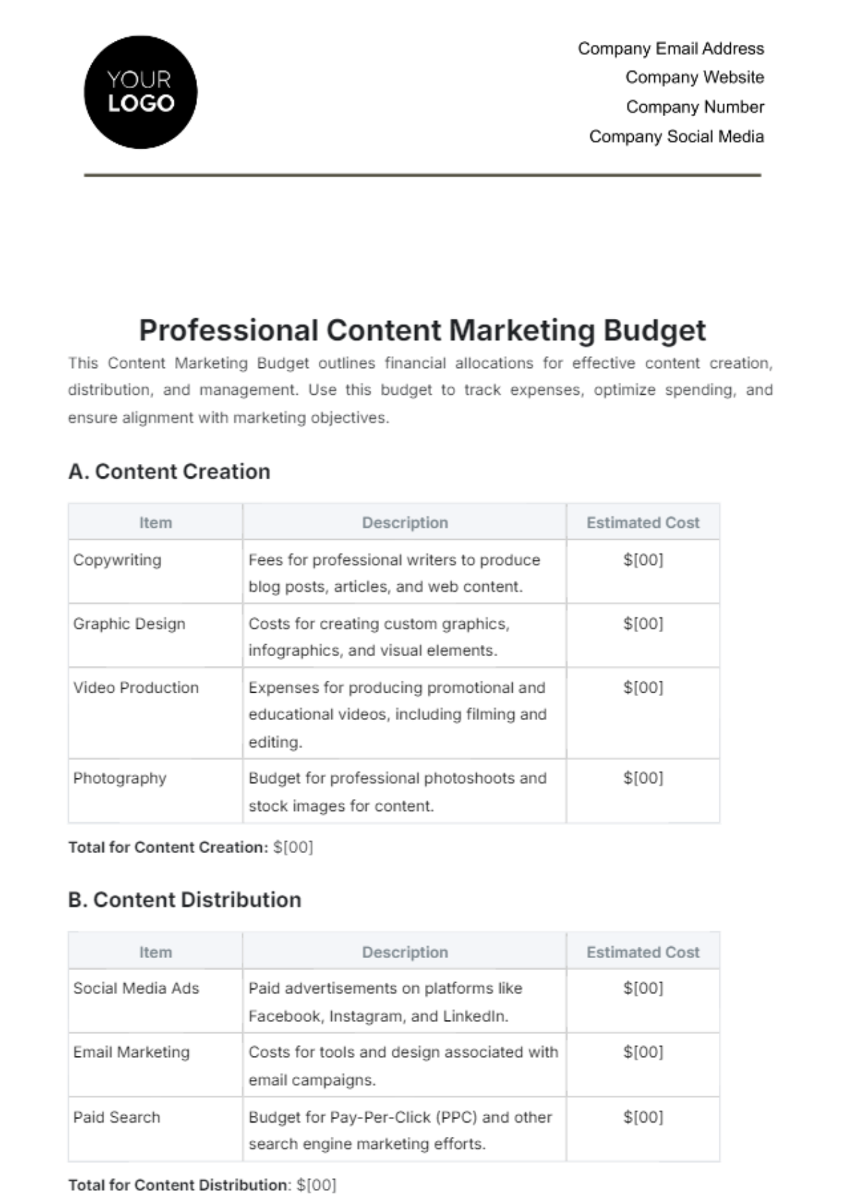 Professional Content Marketing Budget Template - Edit Online & Download