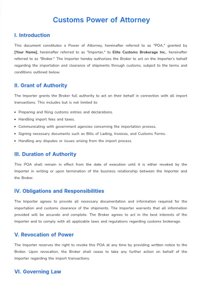 Free Customs Power of Attorney Template to Edit Online