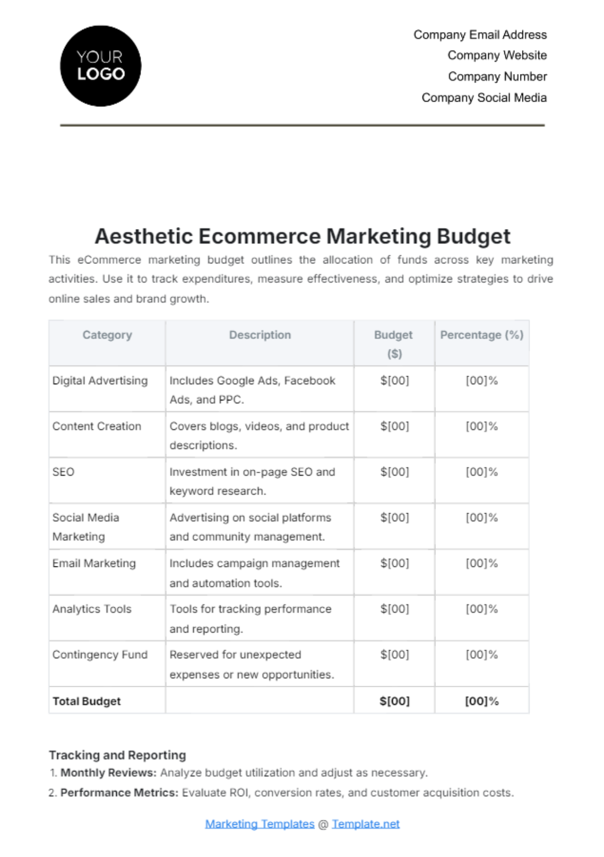 Aesthetic Ecommerce Marketing Budget Template - Edit Online & Download