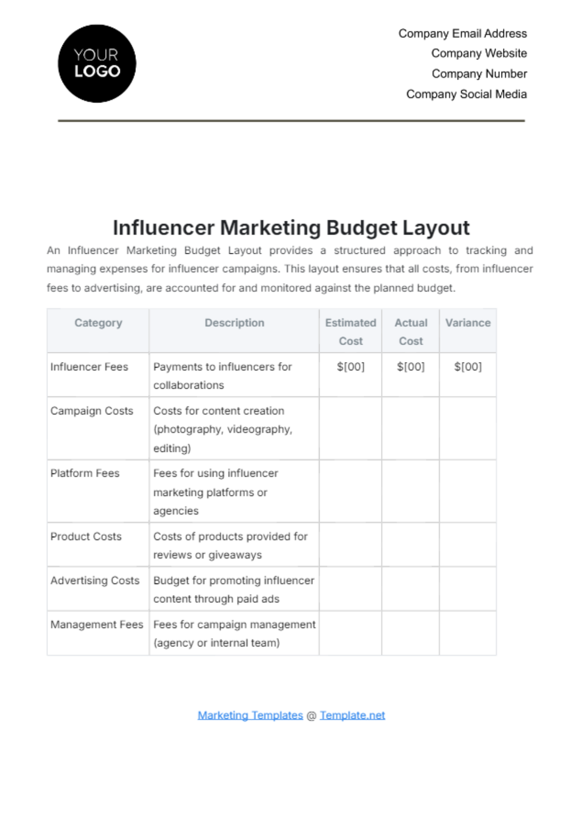 Influencer Marketing Budget Layout Template - Edit Online & Download